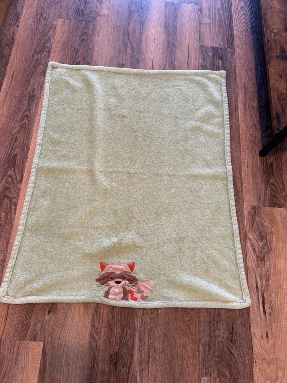 Carter's Olive Green Plush Baby Blanket with raccoon